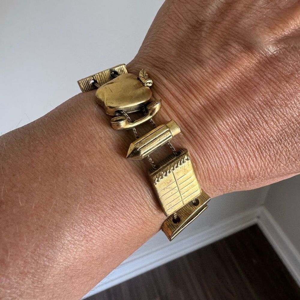 Vintage Gold Tone Back To School Teacher Charm Slide Bracelet